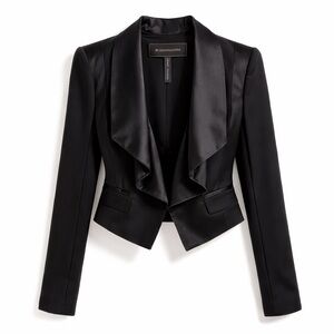 BCBGMAXAZRIA Black Satin Lapel Blazer‎ Cropped Open Front Jacket- Large